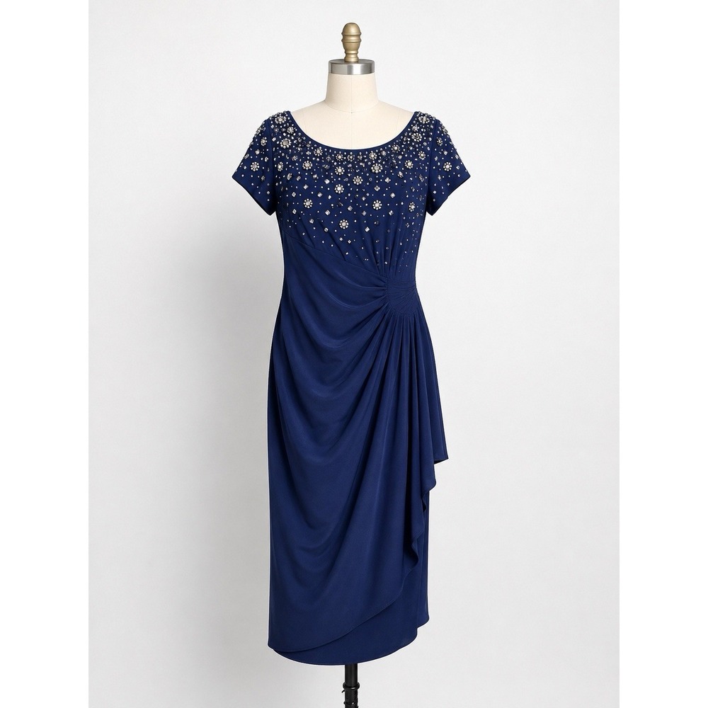 Alex Evenings Royal Blue Rhinestone Beaded Ruched Formal Dress Tulip Size 8